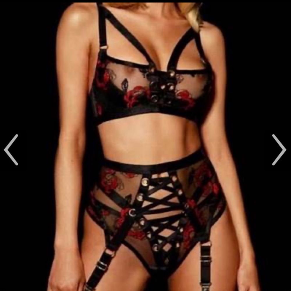 Honey Birdette Black and Red Lace Bra Set